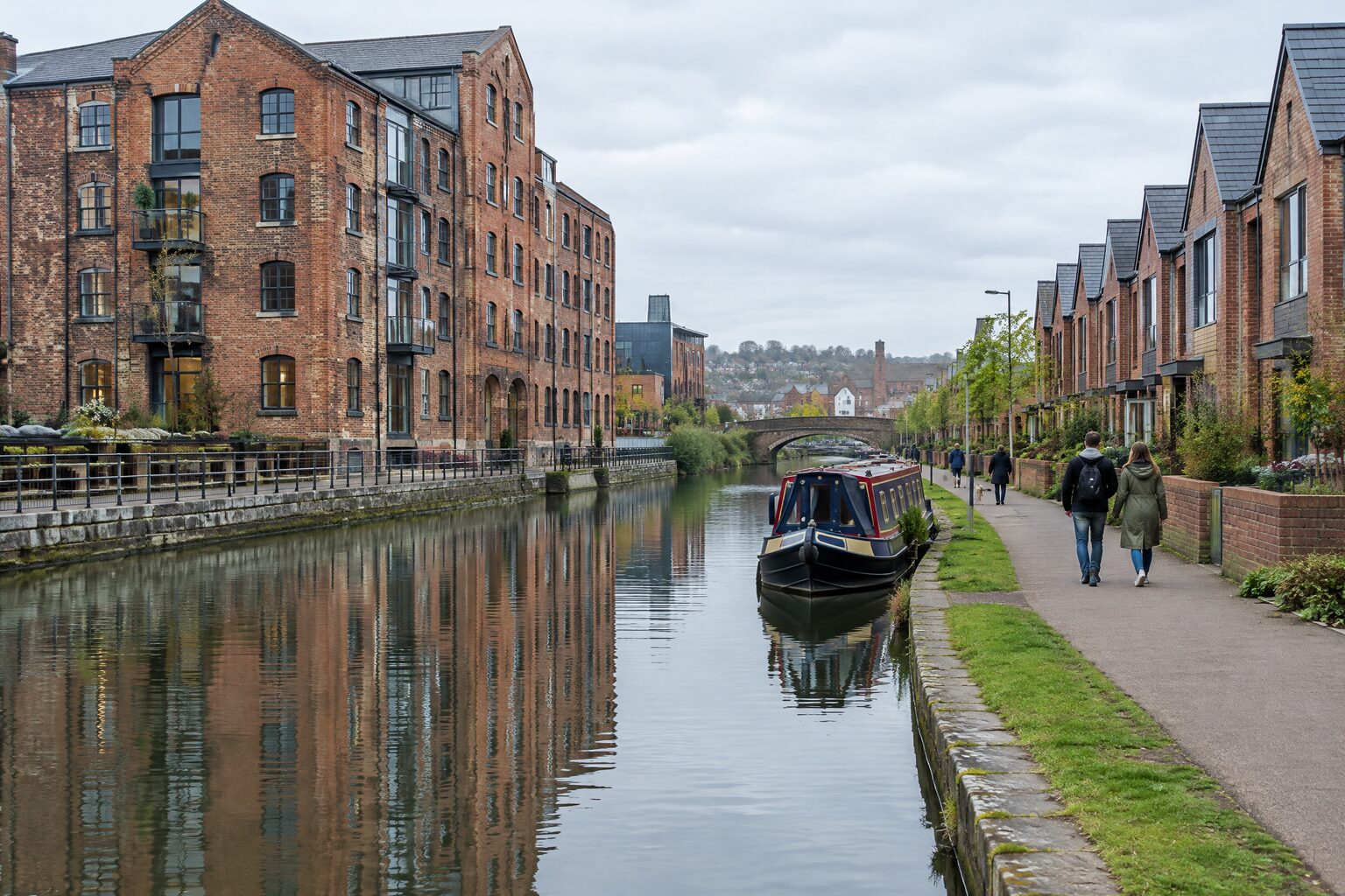 Illustrative northern English canal-town regeneration scene with reused brick warehouses and new homes