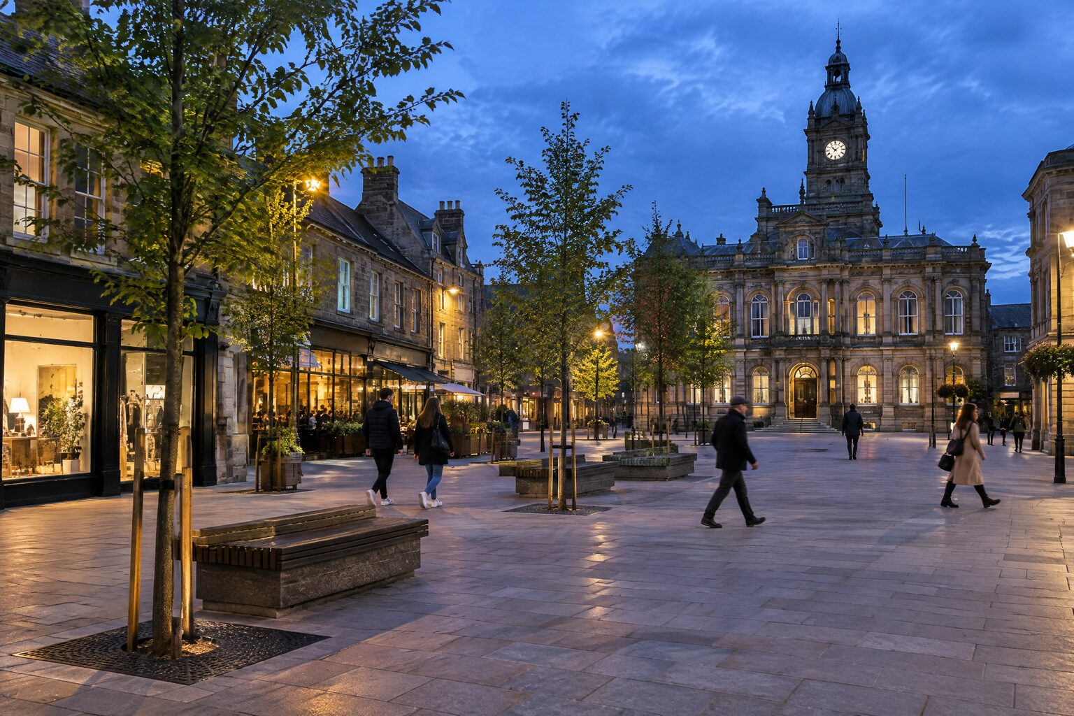 Illustrative northern English civic square at dusk